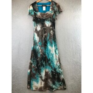 Vintage Jolibel Women's Teal  Tie Dye Sheer Overlay Maxi Dress Cowl Neck dress 8